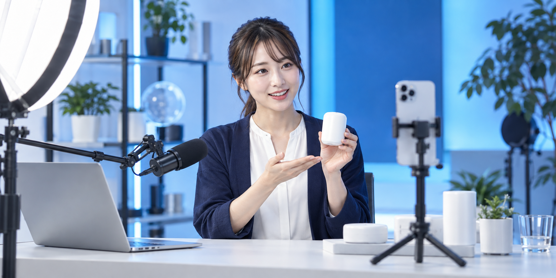 青と白を基調とした配信スタジオで、スマートフォンに向けて商品を紹介するイメージ