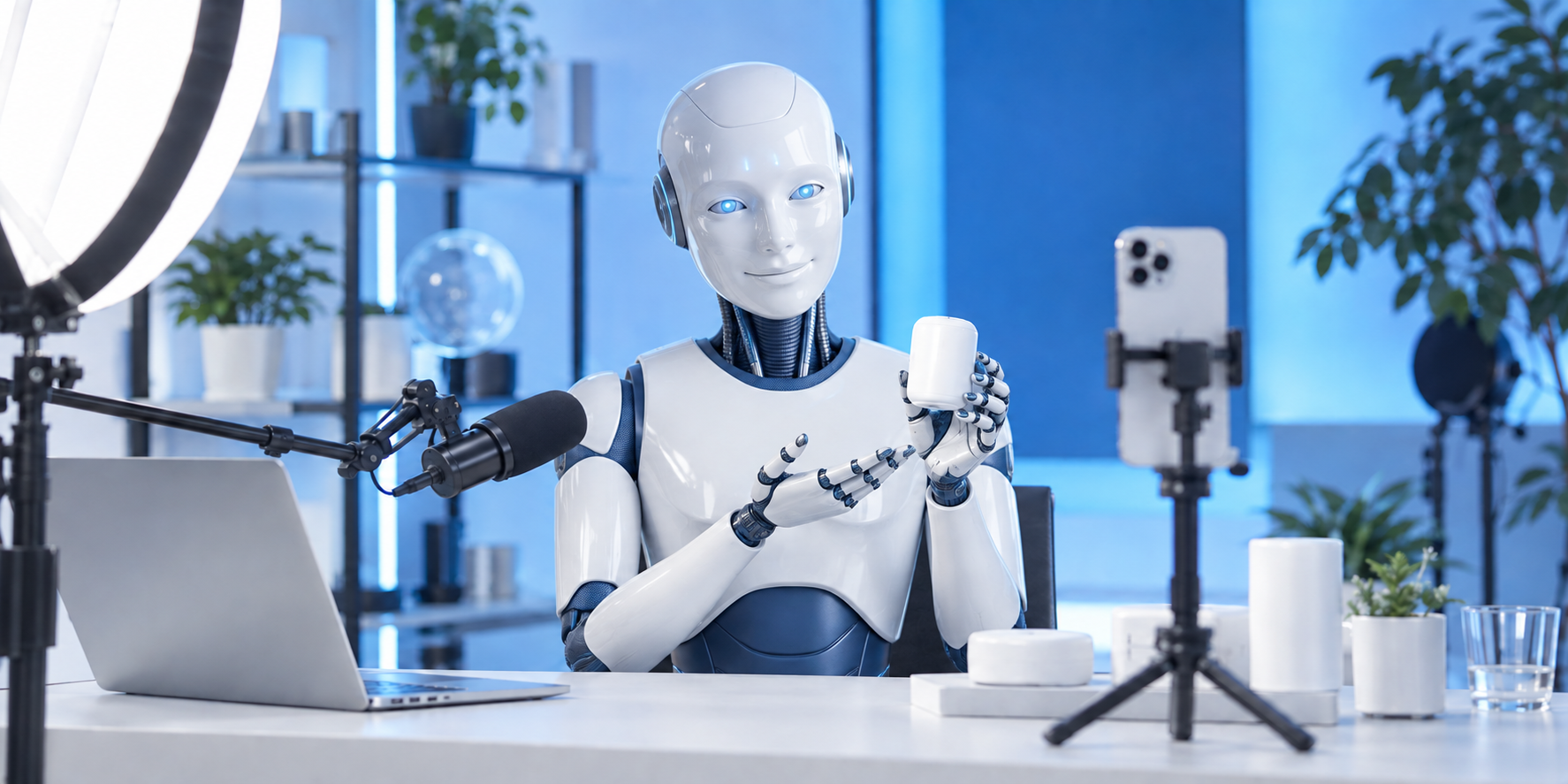 白いAIロボットによる商品プロモーションの制作イメージ